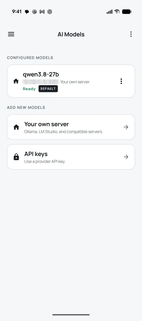 AI Models, listing the configured model and options to add a server or an API key