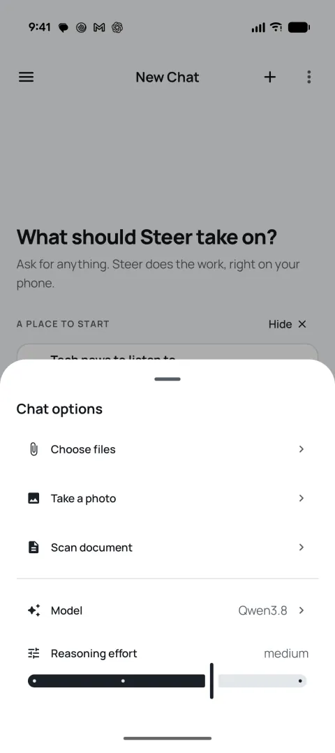 Chat options with Choose files, Take a photo, Scan document, Model and Reasoning effort