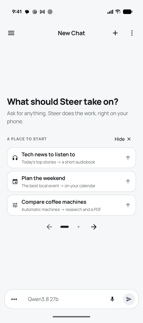 A new chat asking What should Steer take on?, with suggested tasks