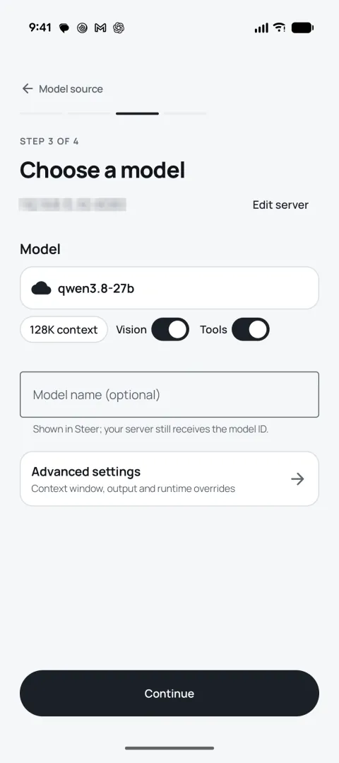 Step 3: Choose a model, showing qwen3.8-27b with 128K context, Vision and Tools