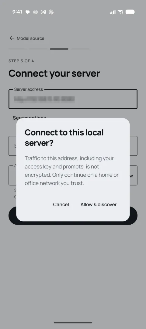 Dialog asking to connect to a local server over an unencrypted connection