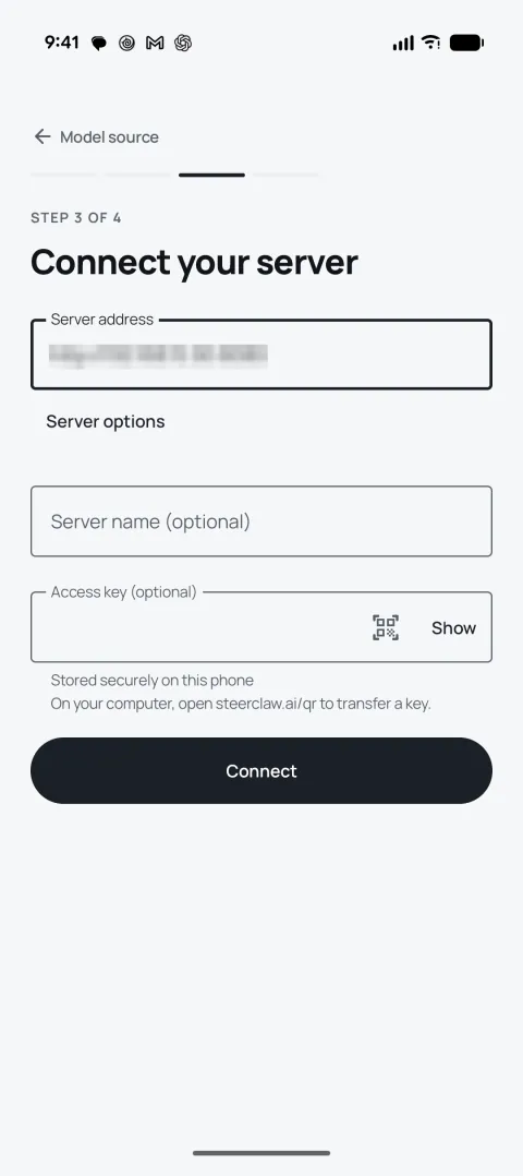 Step 3 of 4: Connect your server, with the server address filled in