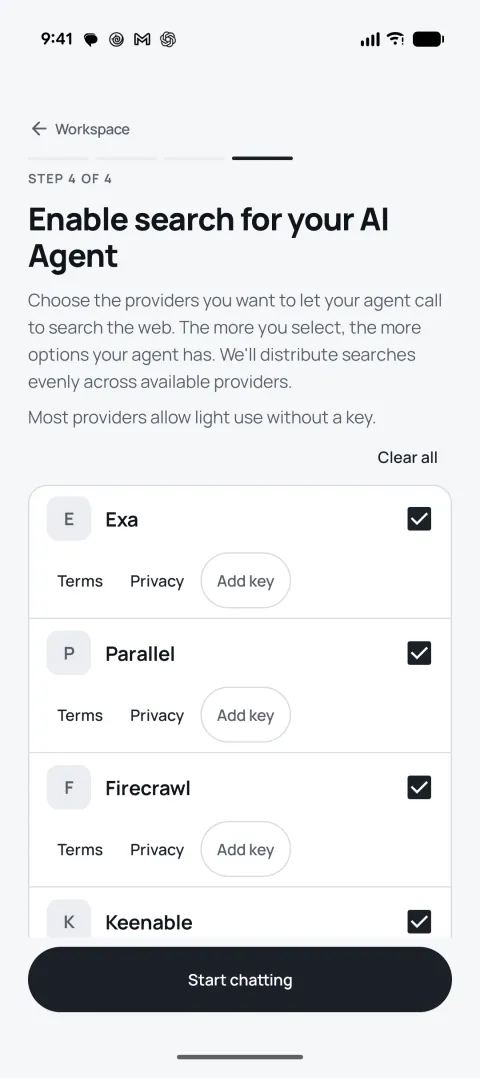 Step 4 of 4: Enable search, with Exa, Parallel, Firecrawl and Keenable ticked