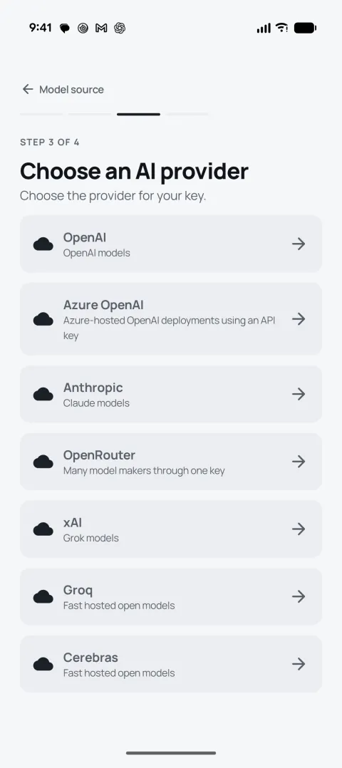 During setup: Choose an AI provider, listing OpenAI, Azure OpenAI, Anthropic and others