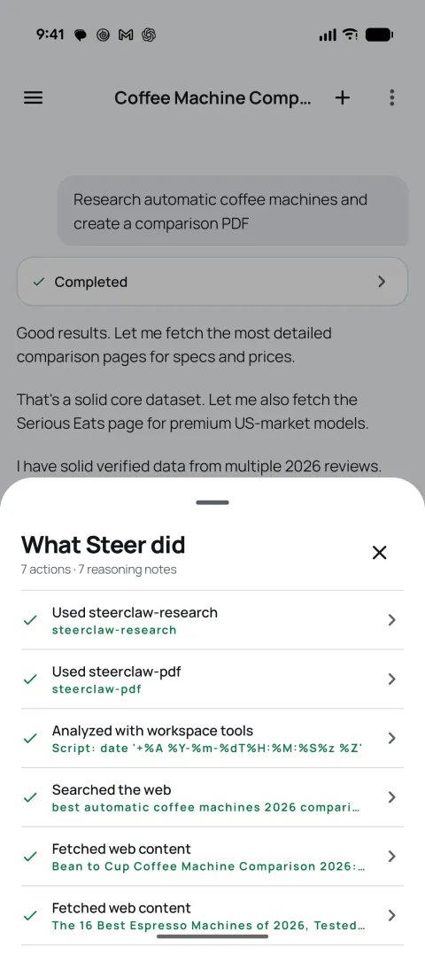 The What Steer did sheet listing each action