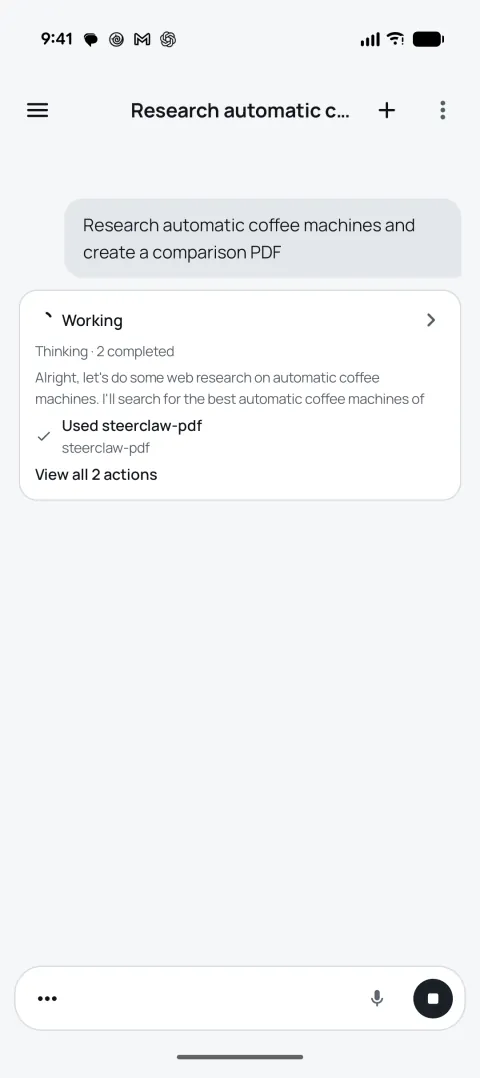 A task in progress, showing Working and the steps so far