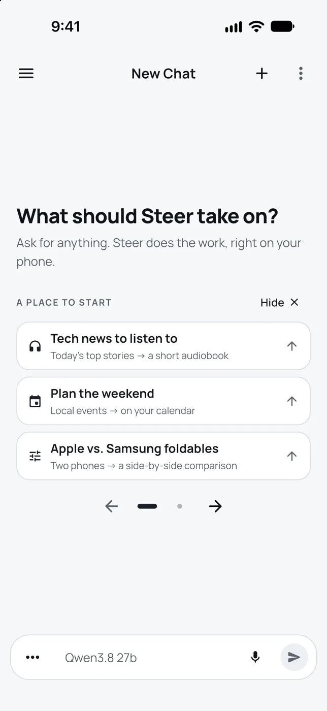 SteerClaw's empty chat on iPhone 18 Pro, ready for a request with Qwen selected