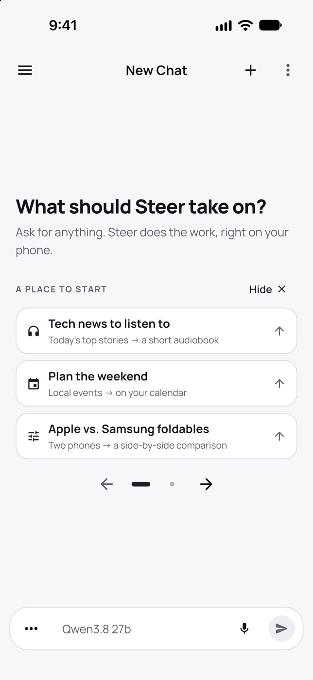 SteerClaw's empty chat on iPhone 18 Pro, ready for a request with Qwen selected
