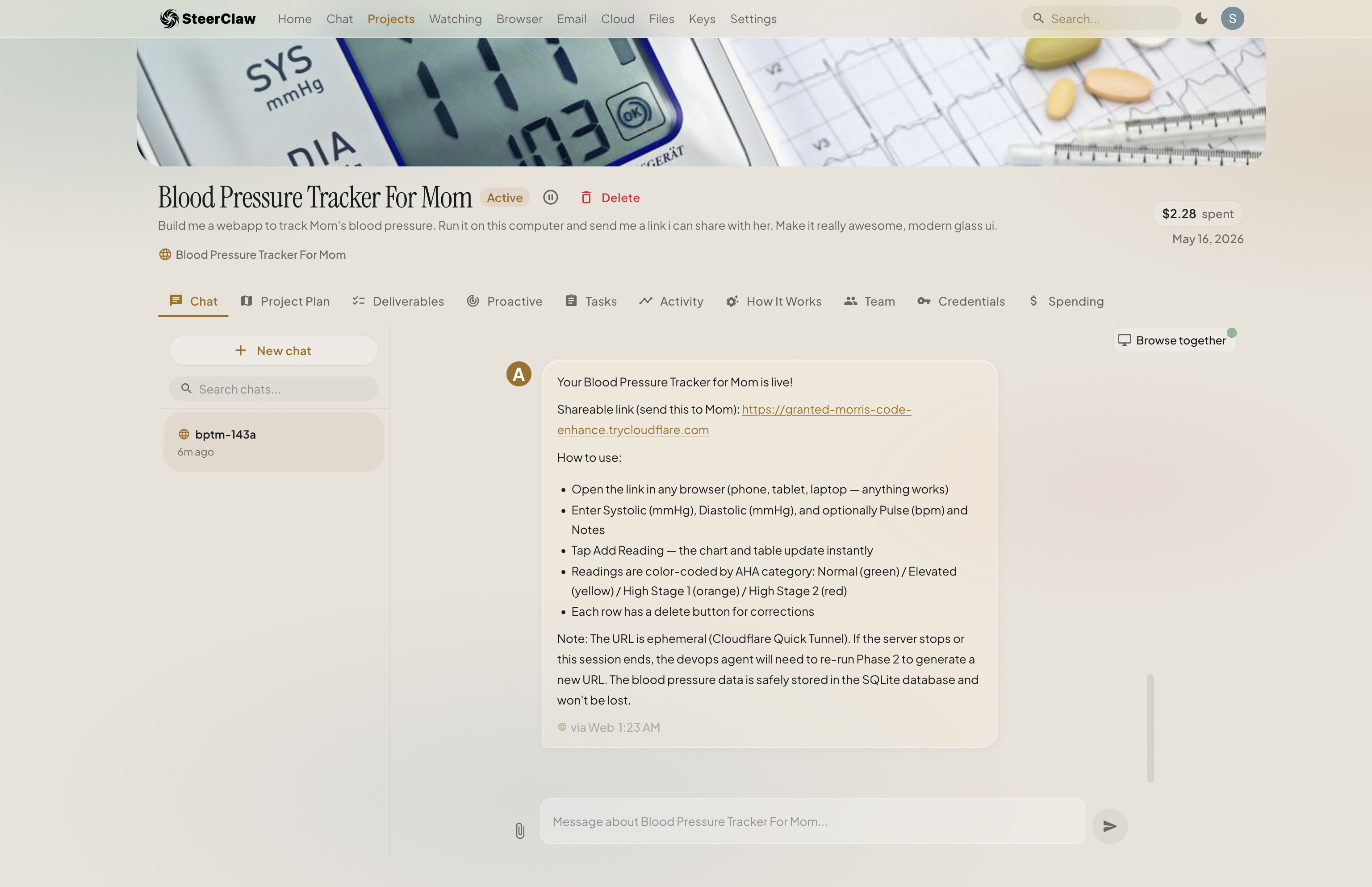 A SteerClaw project page titled 'Blood Pressure Tracker For Mom' — the operator asked for a webapp, the agent built and deployed it, and handed back a shareable link