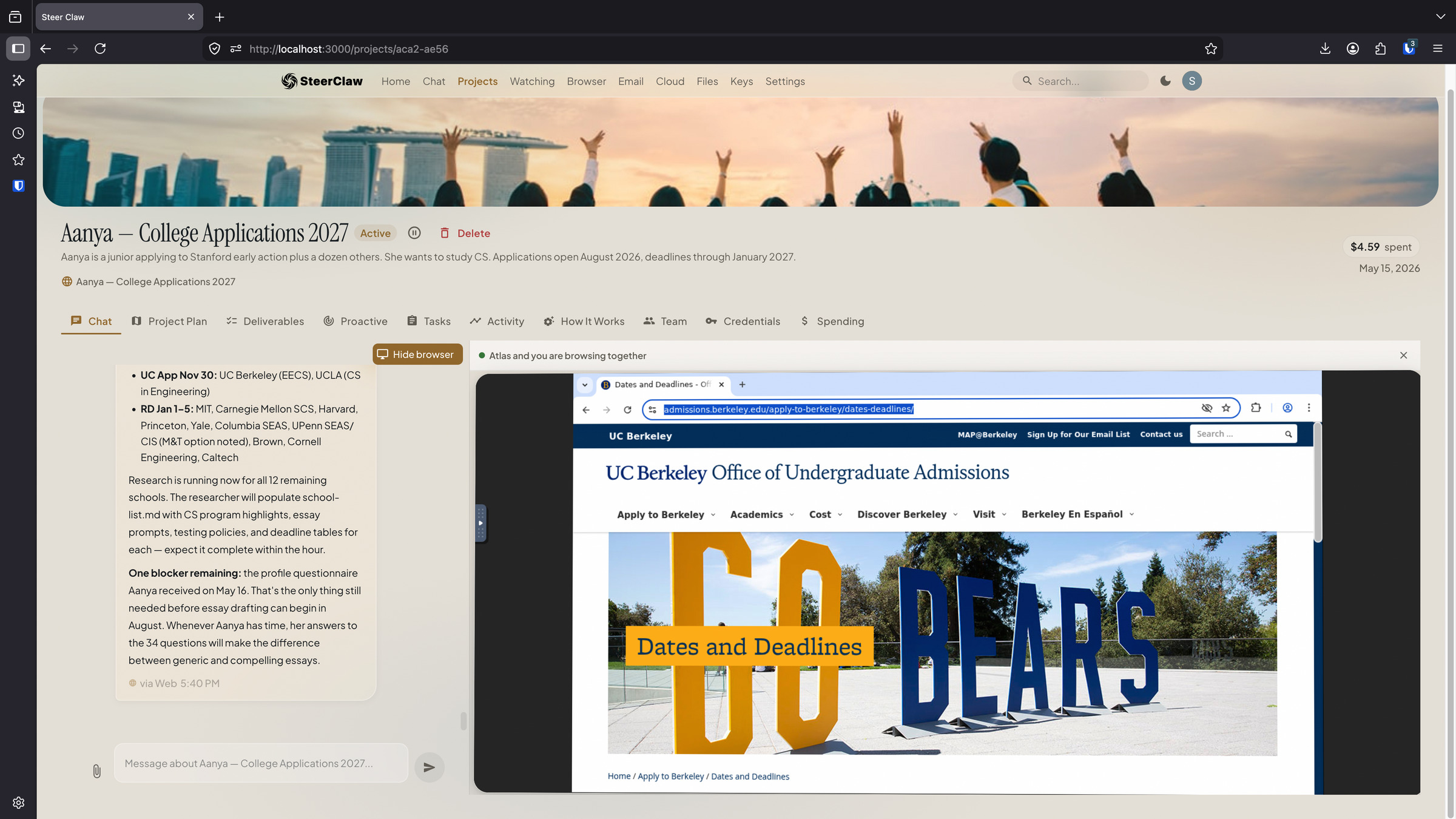 A project page in SteerClaw with the agent's chat on the left and a live shared browser on the right, on the UC Berkeley admissions site while researching Aanya's college applications