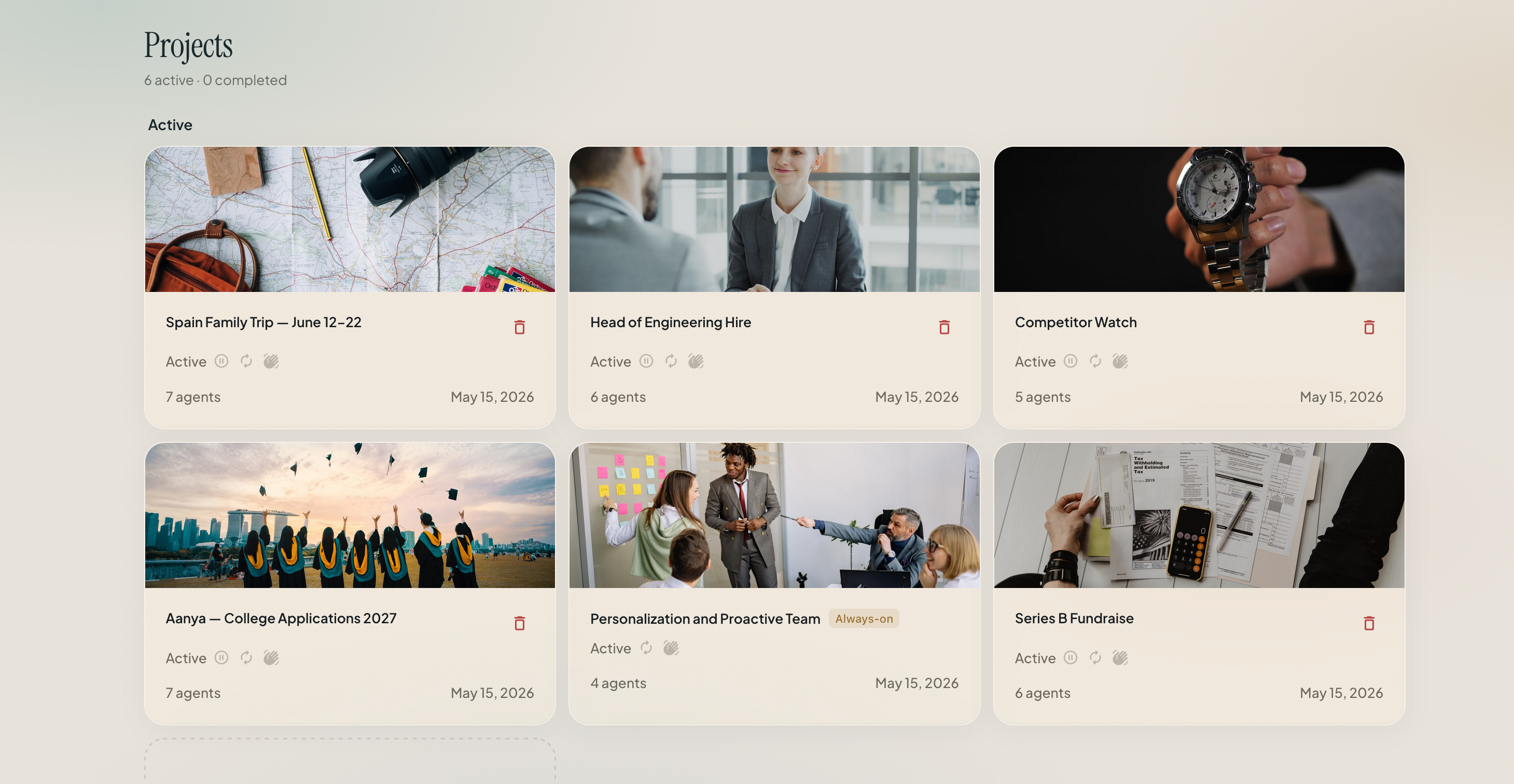 SteerClaw projects page showing six active projects: Spain Family Trip, Head of Engineering Hire, Competitor Watch, Aanya College Applications 2027, Personalization and Proactive Team, Series B Fundraise