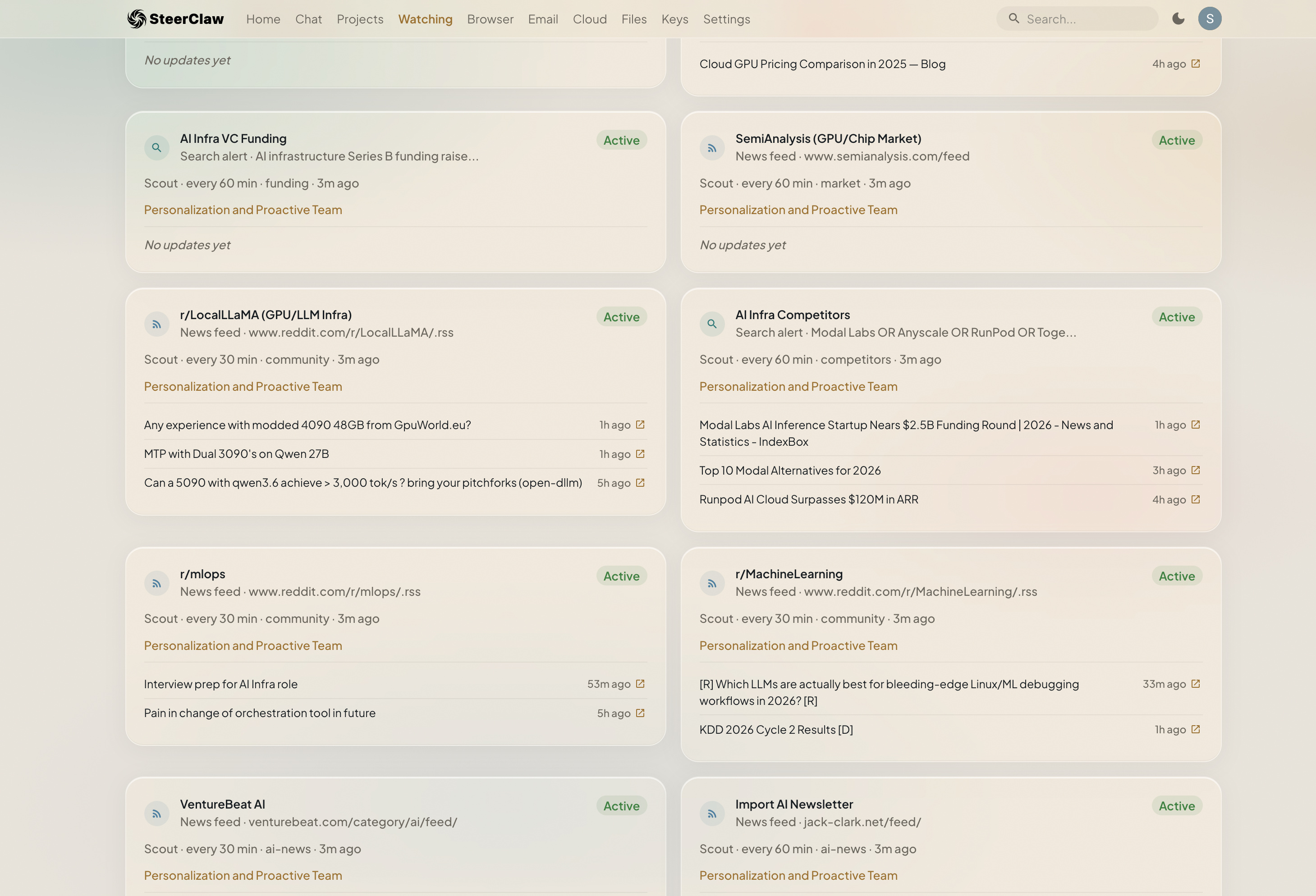 The Watching page in SteerClaw with feeds the agent set up automatically — a16z VC funding, SemiAnalysis GPU/Chip market, r/LocalLLaMA, competitor pricing, news feeds, all being continuously monitored